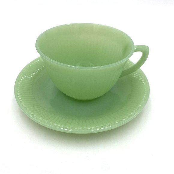 Jadeite Ribbed Texture Cup and Saucer Set - Picture 1 of 11